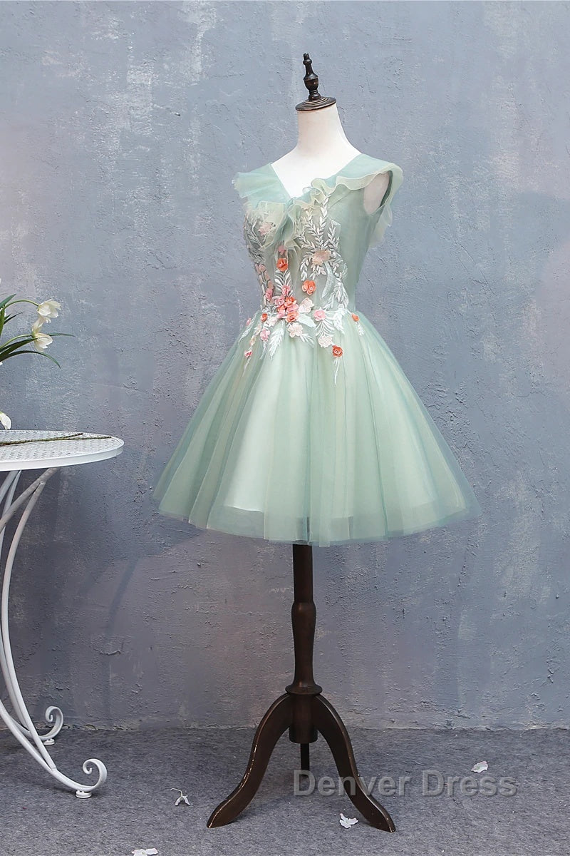 Cute Short Tulle V Neckline With Flower Lace Prom Dress Homecoming Dress, Short Prom Dresses