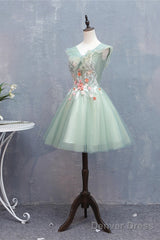 Cute Short Tulle V-Neckline With Flower Lace Party Dress Homecoming Dress, Short Formal Dresses