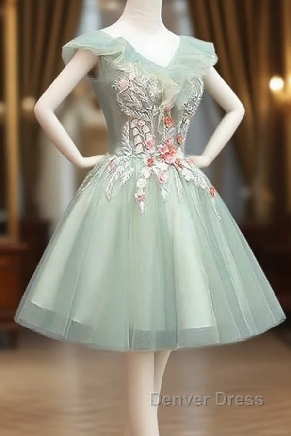 Cute Short Tulle V Neckline With Flower Lace Prom Dress Homecoming Dress, Short Prom Dresses Main image
