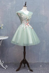 Cute Short Tulle V-Neckline With Flower Lace Party Dress Homecoming Dress, Short Formal Dresses