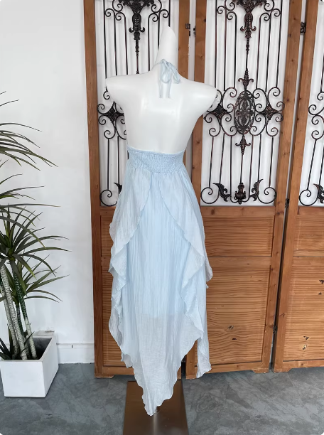 Cute Sky Blue Halter Neck Ruched Ruffled Chiffon Long Prom Dresses Evening Dresses
