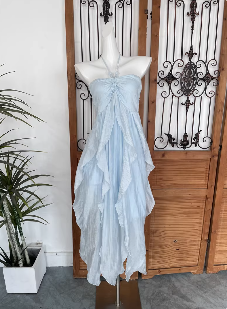 Cute Sky Blue Halter Neck Ruched Ruffled Chiffon Long Prom Dresses Evening Dresses