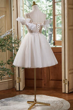 Cute Spaghetti Strap Tulle Lace Homecoming Dress, Off Shoulder Short Prom Dresses