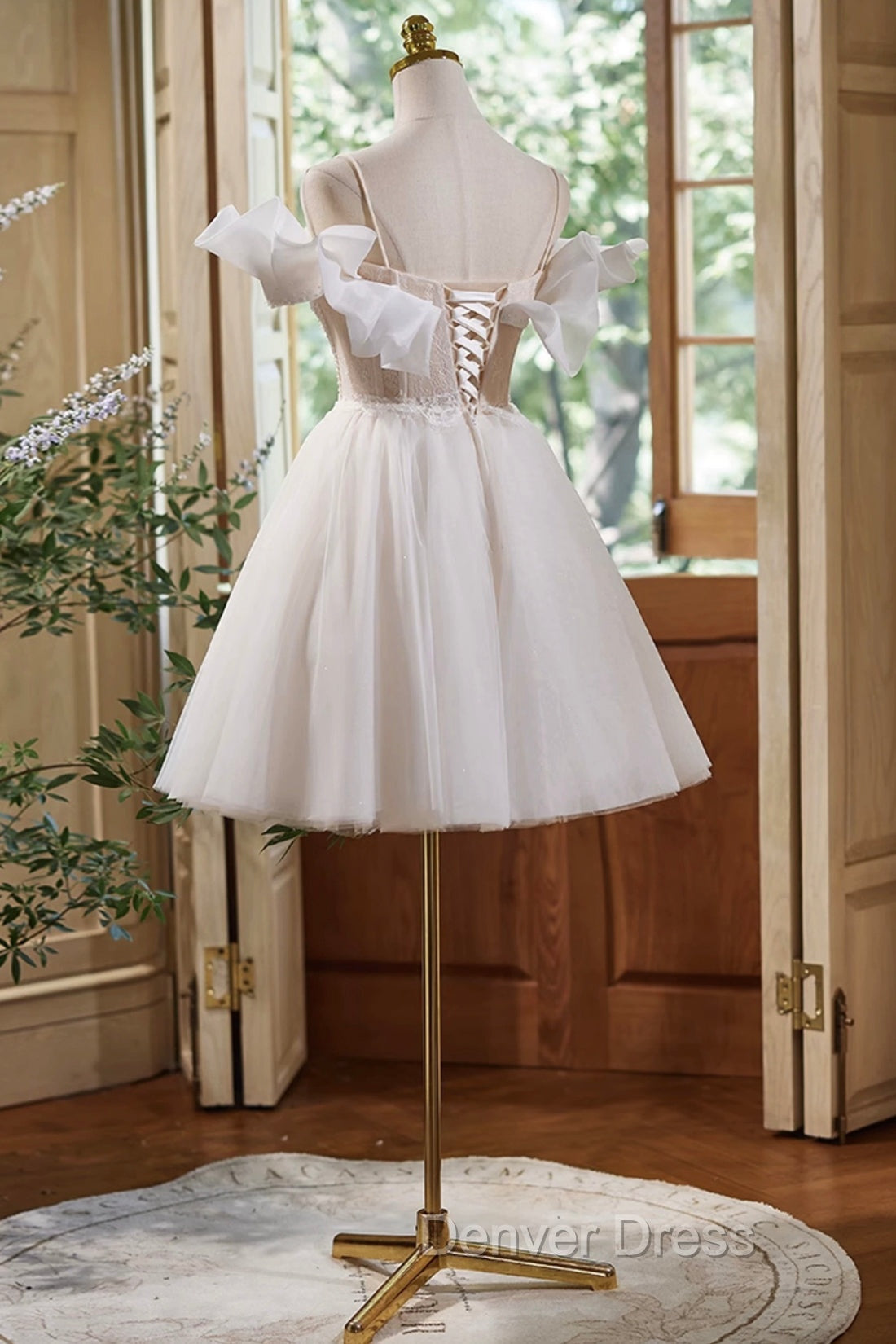 Cute Spaghetti Strap Tulle Lace Homecoming Dress, Off Shoulder Short Prom Dresses