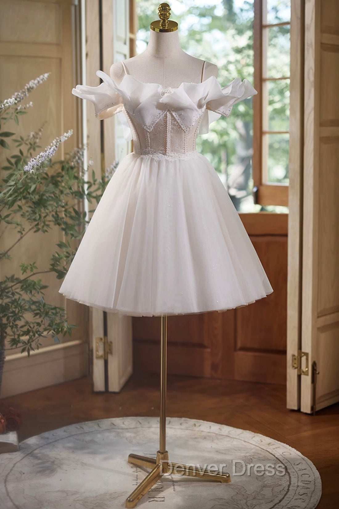 Cute Spaghetti Strap Tulle Lace Homecoming Dresses, Off Shoulder Short Prom Dresses