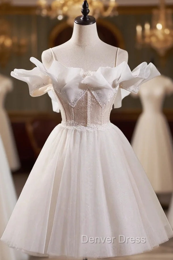 Cute Spaghetti Strap Tulle Lace Homecoming Dresses, Off Shoulder Short Prom Dresses Main image