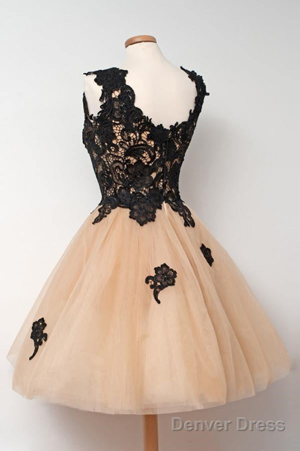 Cute Square Knee Length Homecoming Dresses With Black Lace Appliques