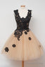 Cute Square Knee Length Homecoming Dresses With Black Lace Appliques