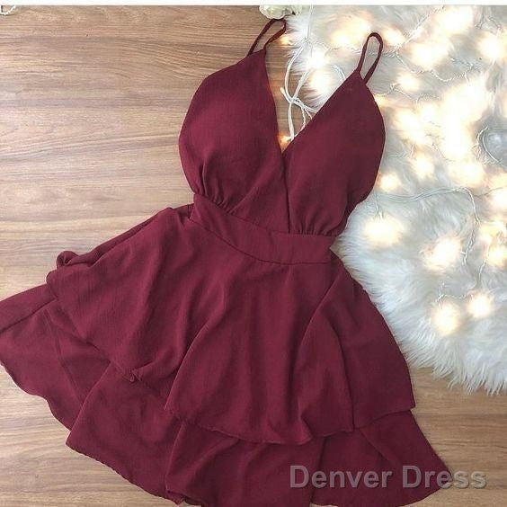 Cute Straps Burgundy Short Prom Dress, Simple Homecoming Dresses Main image