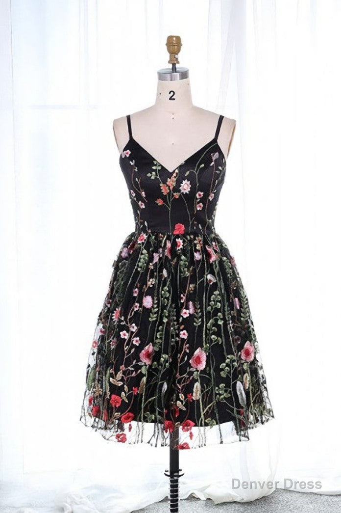 Cute Straps Embroidered Black Floral Homecoming Dresses