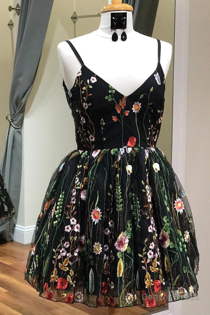 Cute Straps Embroidered Black Floral Homecoming Dresses Main image