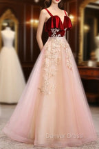 Cute Straps Velvet and Tulle Long Prom Dresses, A Line Prom Gowns