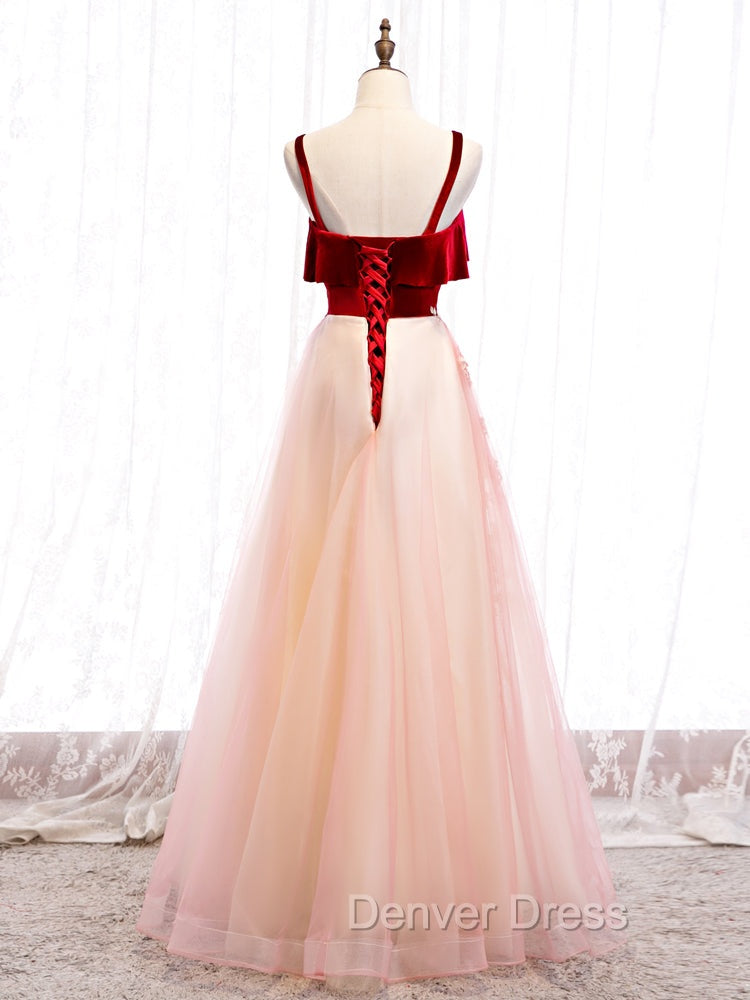 Cute Straps Velvet and Tulle Long Prom Dresses, A Line Prom Gowns