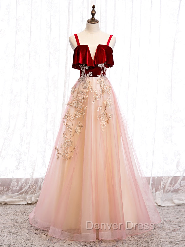 Cute Straps Velvet and Tulle Long Prom Dresses, A Line Prom Gowns Main image
