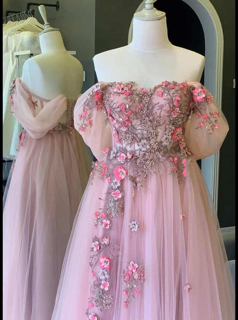 Off The Shoulder Tulle Applique Long Prom Dress Fairy Prom Dresses