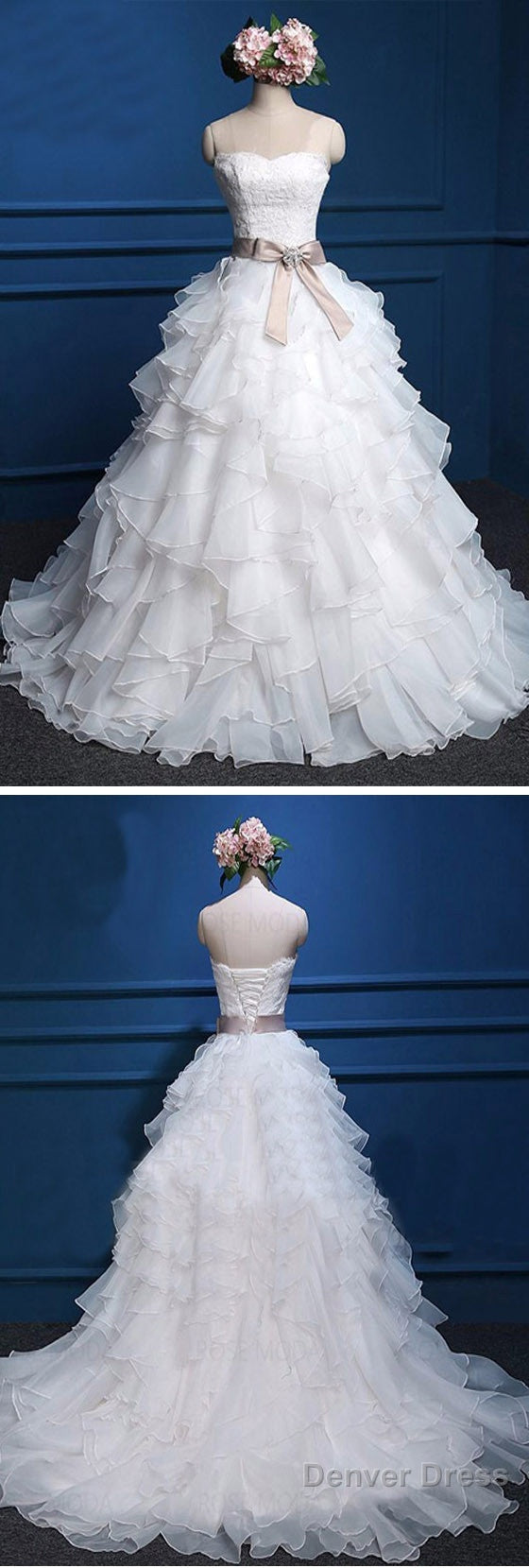 Cute Sweetheart Strapless Lace Up Back Chiffon Ruffles Satin Sash Ball Gowns Wedding Dresses, Secondary image