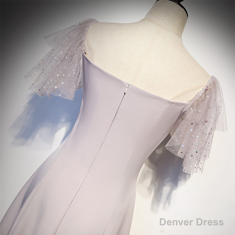 Cute Tea Length Off Shoulder Wedding Party Dress, Short Sleeves Formal Dresses