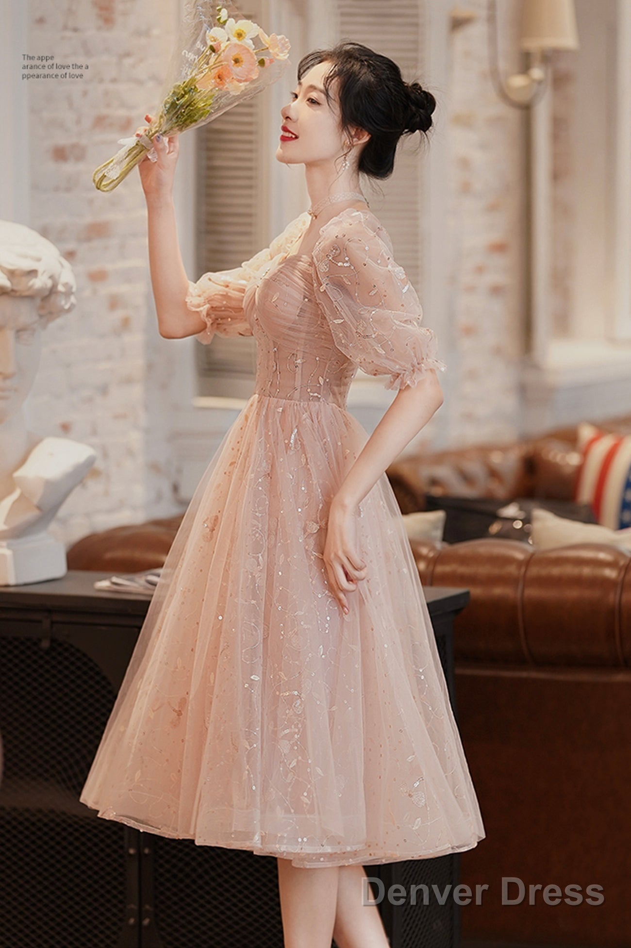 Cute Tulle A Line Homecoming Dress, 1 2 Sleeves Short Prom Dresses Secondary image