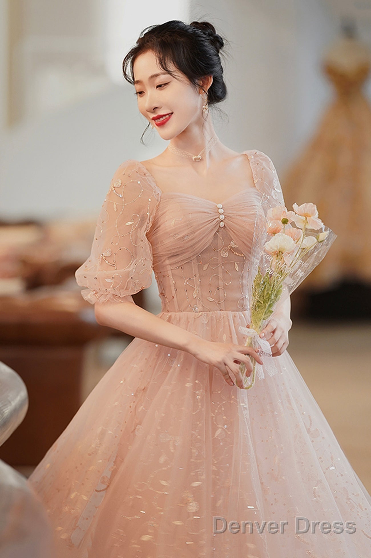 Cute Tulle A Line Homecoming Dress, 1 2 Sleeves Short Prom Dresses
