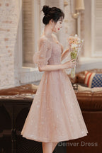 Cute Tulle A Line Homecoming Dress, 1 2 Sleeves Short Prom Dresses