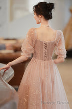 Cute Tulle A Line Homecoming Dress, 1 2 Sleeves Short Prom Dresses