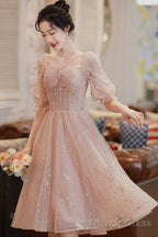 Cute Tulle A Line Homecoming Dress, 1 2 Sleeves Short Prom Dresses