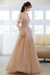 Cute Tulle Beaded Long Prom Dress, A-Line Short Sleeve Evening Dress With Bow