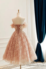 Cute Tulle Flower Short Prom Dress, Beautiful Off The Shoulder A-Line Evening Party Dress
