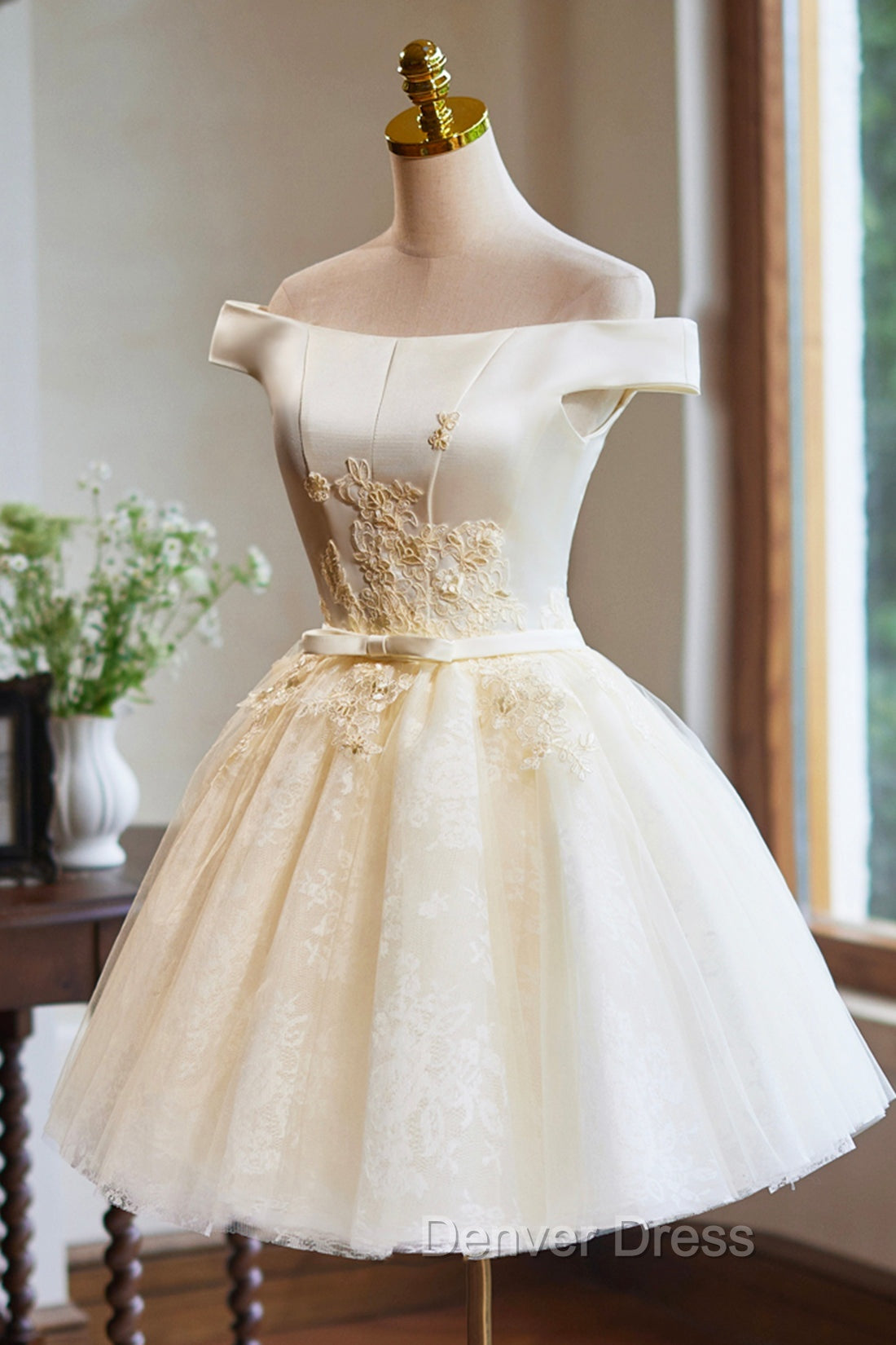 Cute Tulle Lace Knee Length Prom Dress, Champagne Off the Shoulder Prom Dresses Secondary image