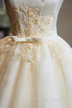 Cute Tulle Lace Knee Length Prom Dress, Champagne Off the Shoulder Prom Dresses