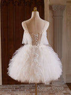 Cute Tulle Lace Light Champagne Short Prom Dresses, Cut Homecoming Dresses