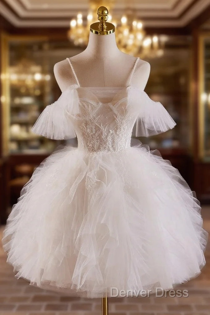 Cute Tulle Lace Light Champagne Short Prom Dresses, Cut Homecoming Dresses Main image