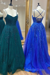 Cute Tulle Lace Long Prom Dresses, A-Line Backless Evening Party Dresses