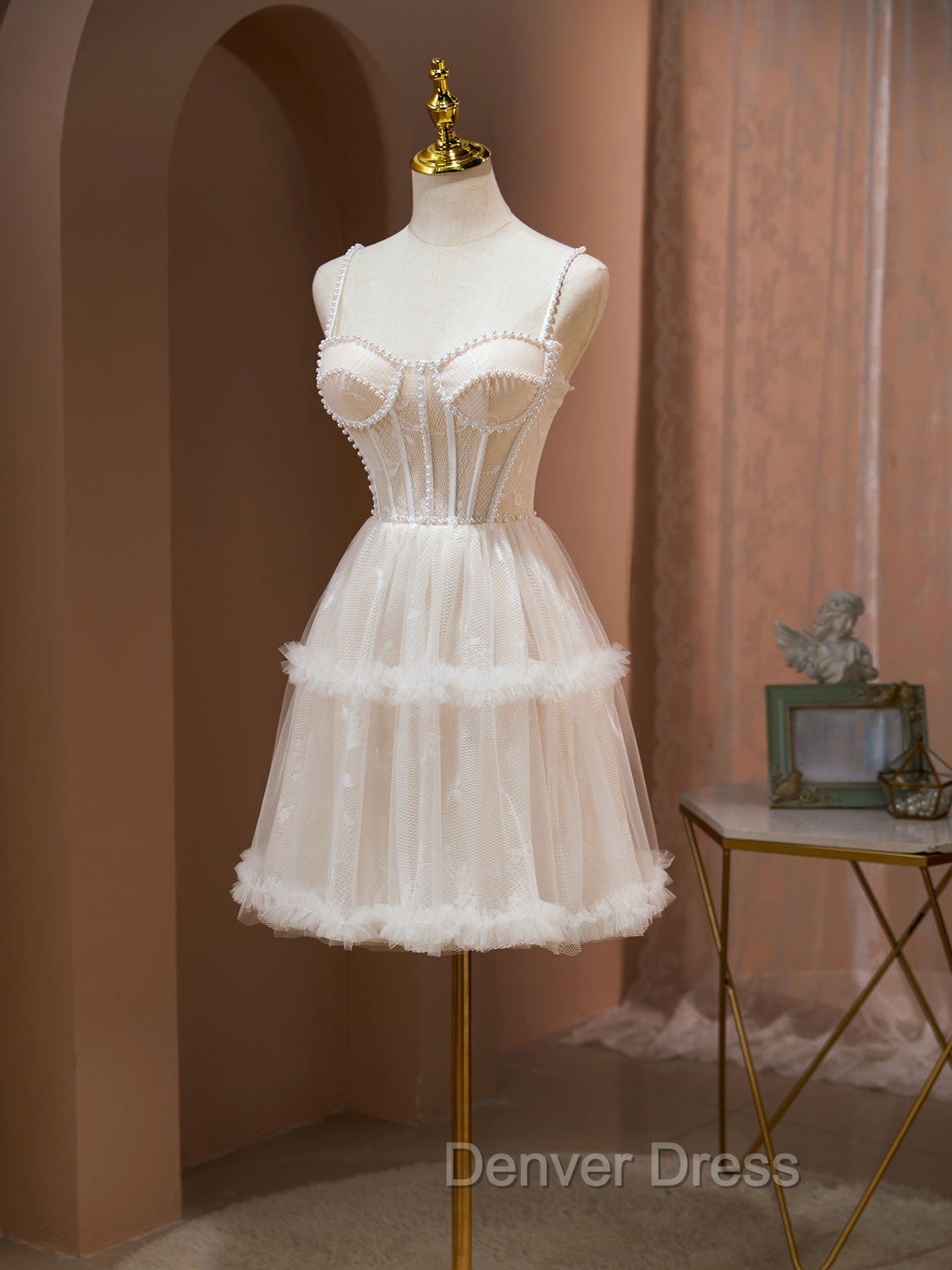 Cute Tulle Light Champagne Short Prom Dresses, Lace Homecoming Dresses