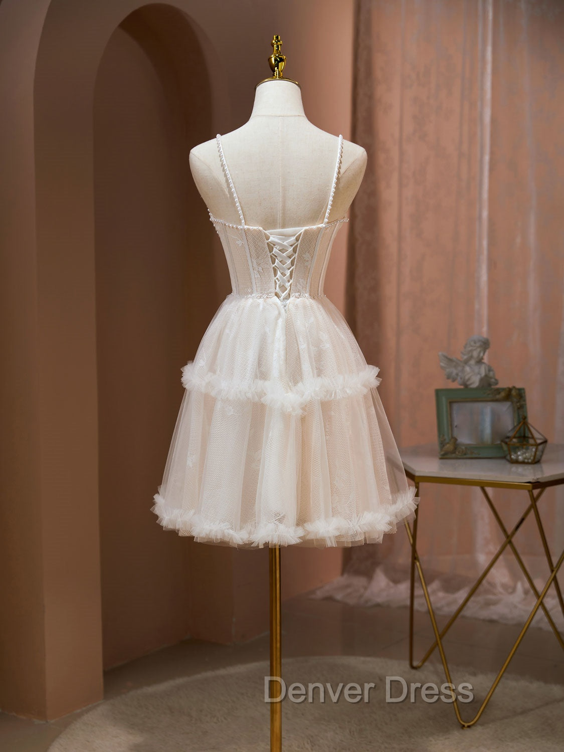 Cute Tulle Light Champagne Short Prom Dresses, Lace Homecoming Dresses