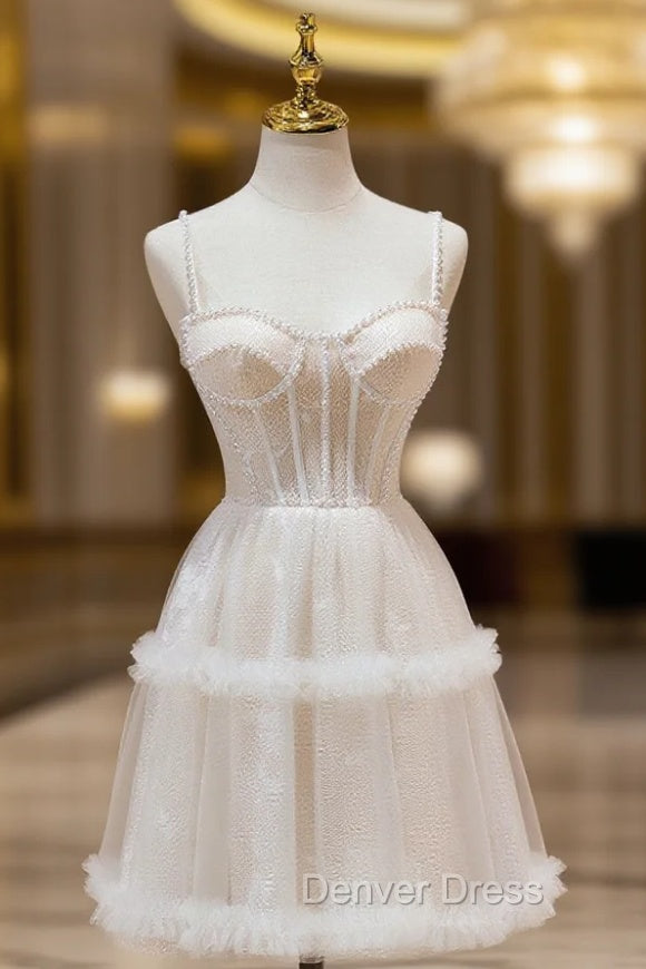 Cute Tulle Light Champagne Short Prom Dresses, Lace Homecoming Dresses Main image