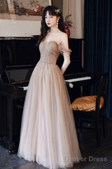 Cute Tulle Long Prom Dress With Beaded,  A-Line Off The Shoulder Evening Dress