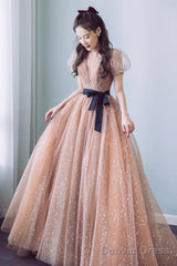 Cute Tulle Long Prom Dress With Bow, A-Line Evening Graduation Dress