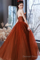 Cute Tulle Long Prom Dress With Bow, Strapless A-Line Evening Party Dress