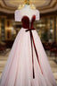 Cute Tulle Long Prom Dresses with Velvet, A-Line Short Sleeve Evening Dresses