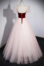 Cute Tulle Long Prom Dress with Velvet, A Line Short Sleeve Prom Dresses