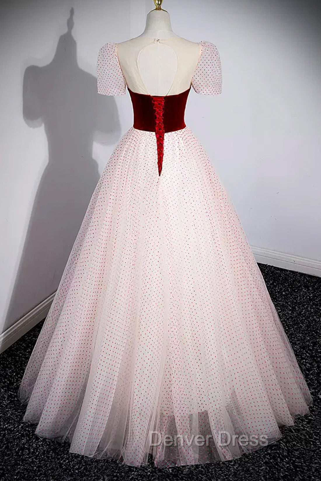 Cute Tulle Long Prom Dress with Velvet, A Line Short Sleeve Prom Dresses