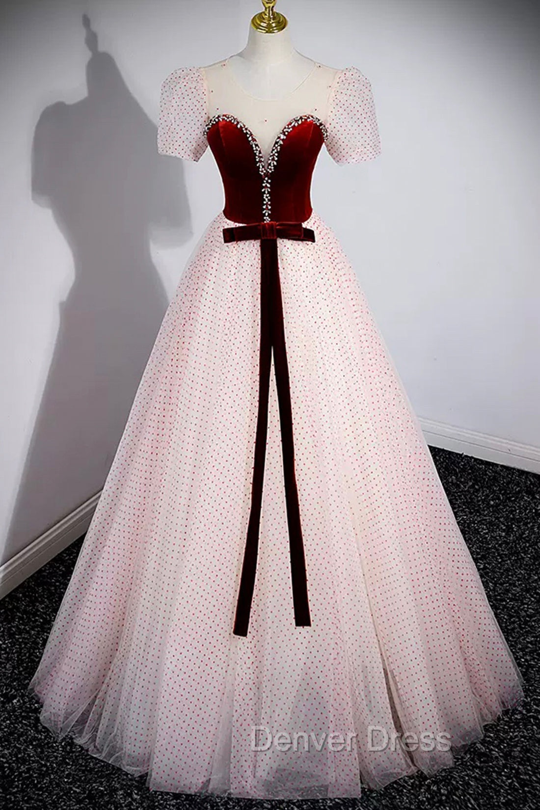 Cute Tulle Long Prom Dress with Velvet, A Line Short Sleeve Prom Dresses