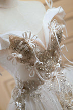 Cute Tulle Sequins Short Prom Dress, Light Champagne Off Shoulder Prom Dresses