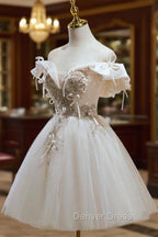 Cute Tulle Sequins Short Prom Dresses, Light Champagne Off Shoulder Party Dresses