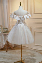 Cute Tulle Sequins Short Prom Dress, Light Champagne Off Shoulder Prom Dresses