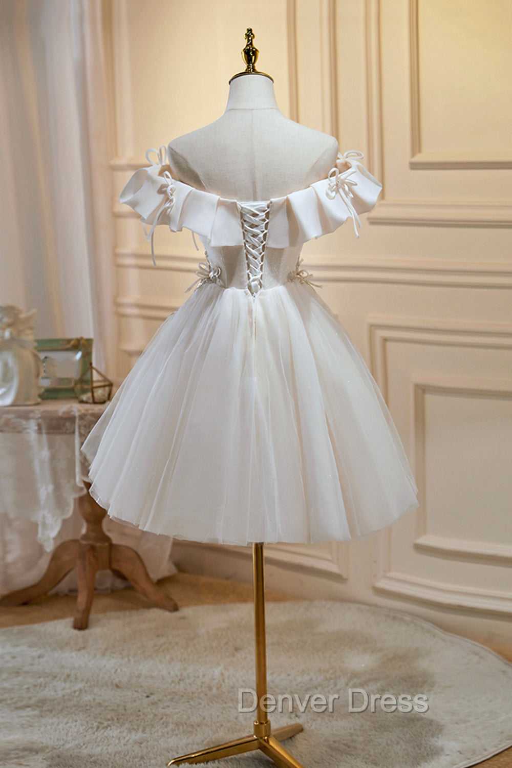 Cute Tulle Sequins Short Prom Dress, Light Champagne Off Shoulder Prom Dresses