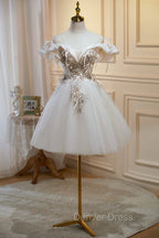 Cute Tulle Sequins Short Prom Dress, Light Champagne Off Shoulder Prom Dresses