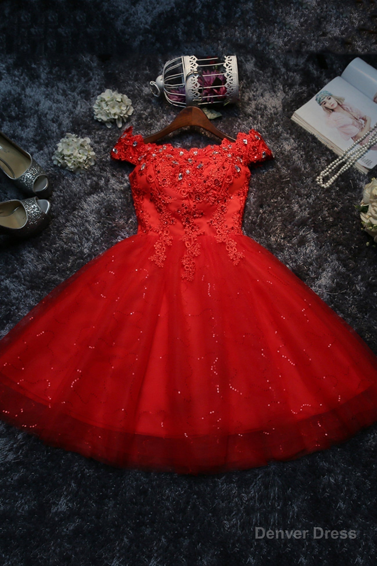 Cute Tulle Short A Line Prom Dress, Off the Shoulder Homecoming Prom Dresses
