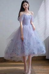 Cute Tulle Short A-Line Prom Dress, Purple Off The Shoulder Evening Dress